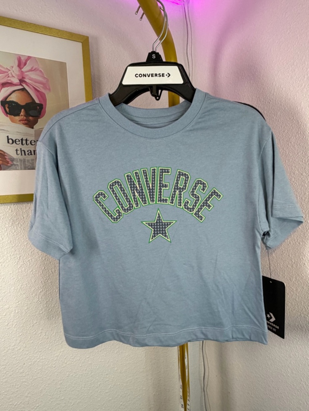 Girls Converse Light Blue Tee with Neon Green Outline Logo Small 8-10Y